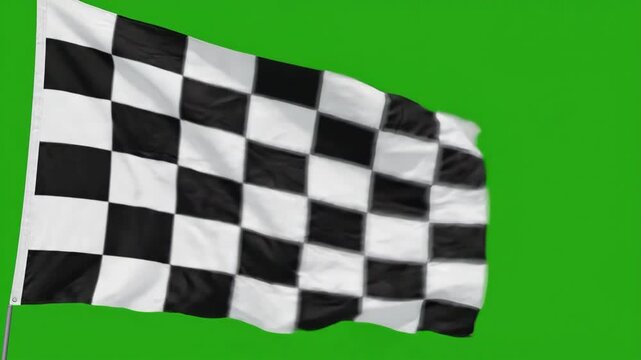 Realistic black and white checkered racing flag waving intensely against a bright green screen background for sports broadcast motion graphics