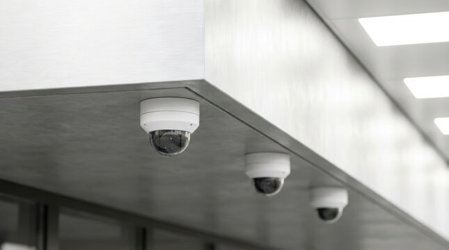 Three white dome cameras mounted ceiling modern building, providing security surveillance with clean and professional look