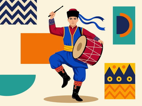 Traditional Folk Musician Playing Drum in Vibrant Geometric Vector Art