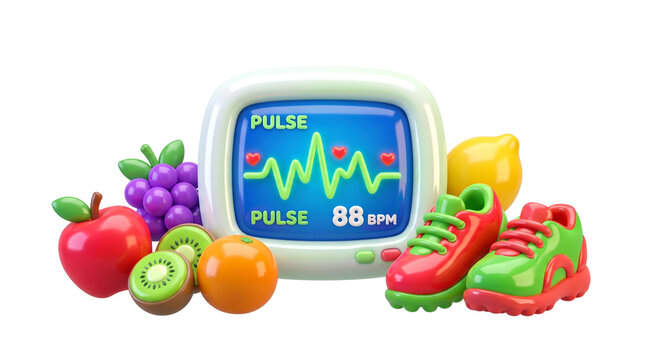 Healthy lifestyle 3D icons, heart rate monitor with pulse 88 BPM, fresh fruit and running shoes for fitness tracking