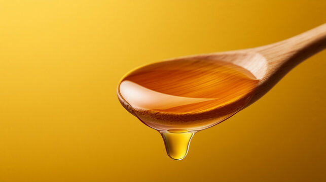 Pure golden honey dripping from a wooden spoon against a yellow background. Represents natural sweetness and healthy.