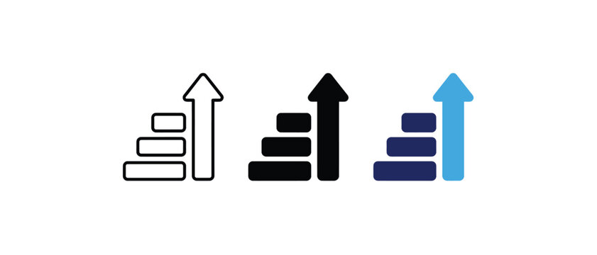 Stairs with arrow icon, career progress level up symbol, business growth ladder sign, success step trend graphic. Vector illustration