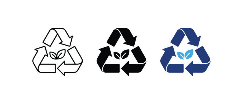 Recycle icon with leaf, eco friendly sustainability symbol, green environment sign, reusable waste graphic. Vector illustration
