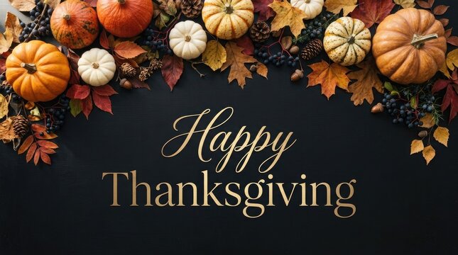 Happy thanksgiving text banner decorated with pumpkins and colorful autumn foliage on dark wooden background thanksgiving celebration background typography seasonal november