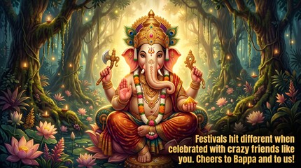 Obraz premium A golden idol of Lord Ganesha, Hindu deity, glowing against a dark, mystical green jungle background, celebrating a festival.