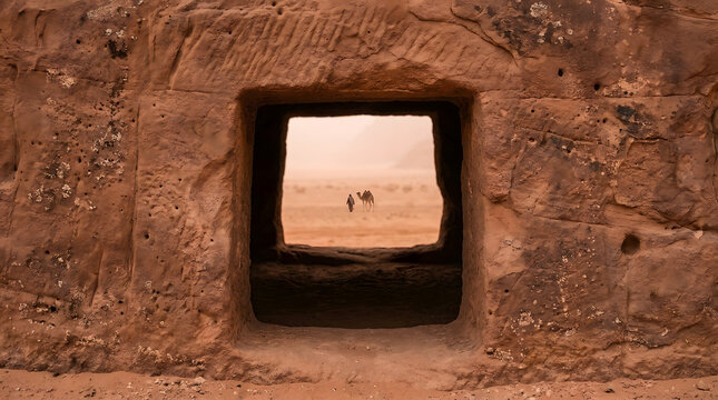 Vista enmarcada de un beduino con camello en el desierto a trav&eacute;s de una antigua ventana de piedra
