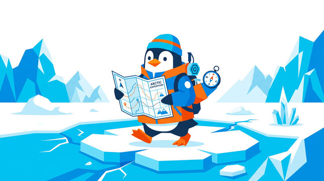 Adventurous penguin traveler holding map in arctic landscape, cute explorer penguin with backpack and compass, winter journey illustration on ice