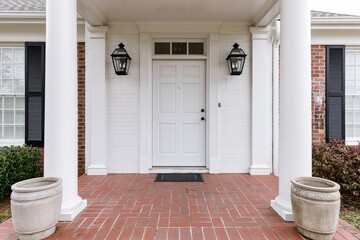 Obraz premium The White Front Door on a Brick Porch with Lanterns