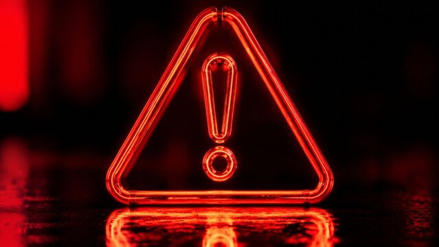 Extreme close-up of a neon red warning triangle with an exclamation mark made from glowing glass tubes casting crimson reflections on a wet dark surface, underscoring the wet surface