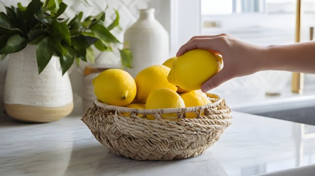 Hand picking fresh lemons from wicker basket on kitchen counter.