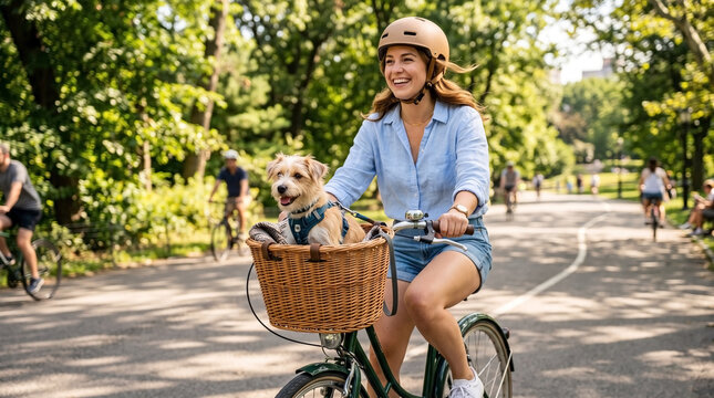 Happy woman riding bicycle with small dog in basket through park on sunny day. Enjoyable bike ride includes lush trees, joyful atmosphere, and cheerful companion on bicycle.