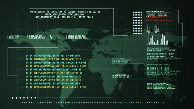 Advanced green financial analysis HUD featuring global market volume distribution, blockchain transactions, and real-time algorithmic trading metrics.