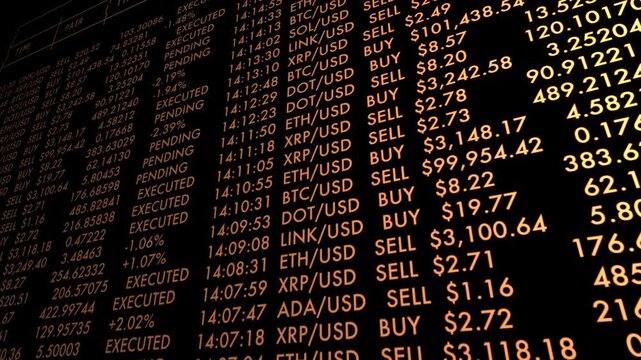 Angled financial screen displaying real-time cryptocurrency trade orders and blockchain data logs. Ideal for stock trading, investment, and decentralized finance videos.