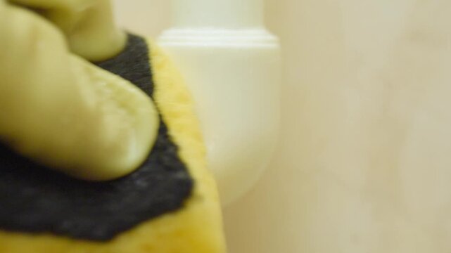 Yellow sponge cleaning plastic pipe closeup tiled bathroom wall, white elbow joint, gentle circular wiping by housekeeper, surface grime removed, domestic maintenance, soft