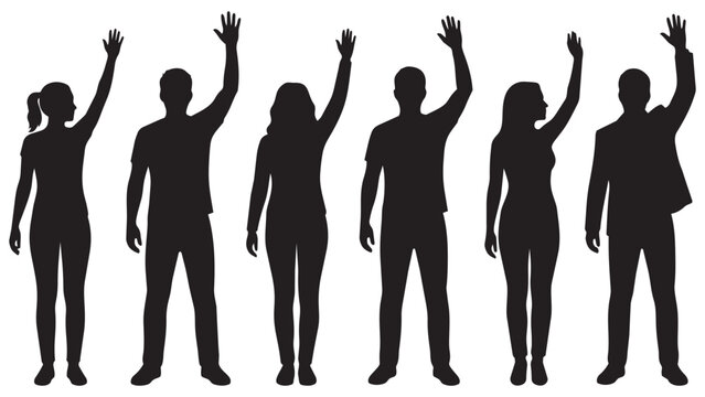 Silhouette people raising hands cheerfully in a line
