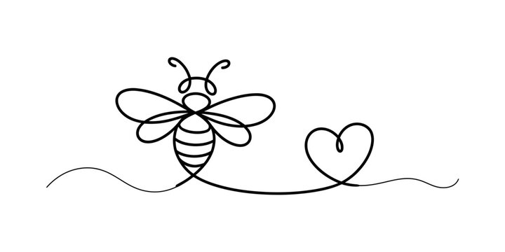 Continuous single line drawing of a cute bee flying towards a heart shape symbol representing love and nature in a minimalist artistic style Vector, illustration