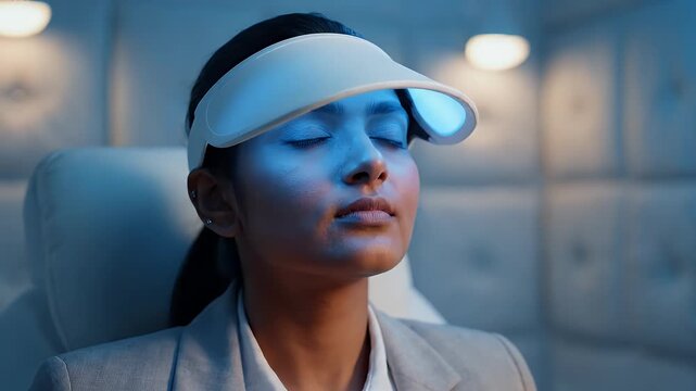 Woman wearing professional led light therapy visor for facial skin rejuvenation treatment.