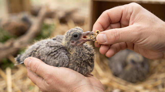 Feeding baby pigeons during nurturing session with caregiver's hands providing grains. Careful feeding of young pigeons highlights importance of wildlife rehabilitation and nurturing.