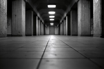 Obraz premium The Industrial Corridor: A Monochrome Long Hallway Receding into Light