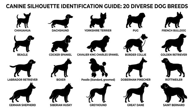 Dog breed silhouette collection, 20 diverse canine identification guide icons, black pet animal profiles on white background, veterinary reference chart
