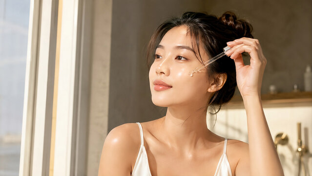 Young Asian Woman Applying Luxury Facial Serum During Morning Skincare Routine