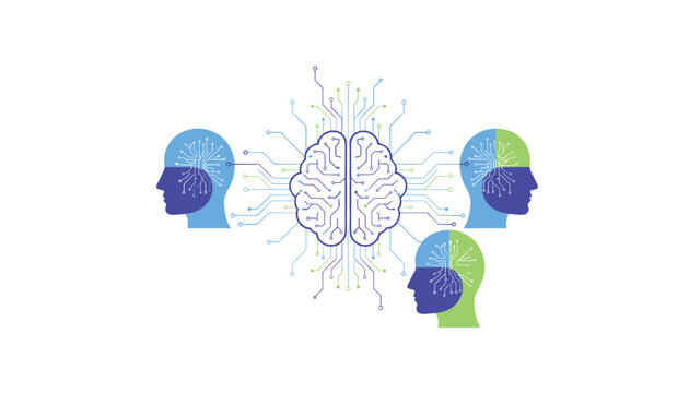 Conceptual vector illustration of a central human brain connected to three heads via intricate digital circuit lines.