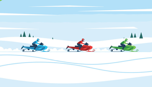 Three colorful snowmobiles racing across a snowy winter landscape under a clear light blue sky with green pine trees.