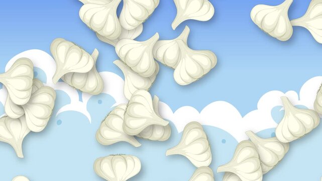 Animated Garlic Bulbs Falling Against Blue Sky and White Clouds Background