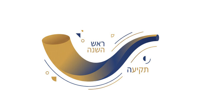 Traditional Shofar horn for Rosh Hashanah, Jewish New Year celebration with Hebrew text, elegant gold and blue ritual ram horn illustration