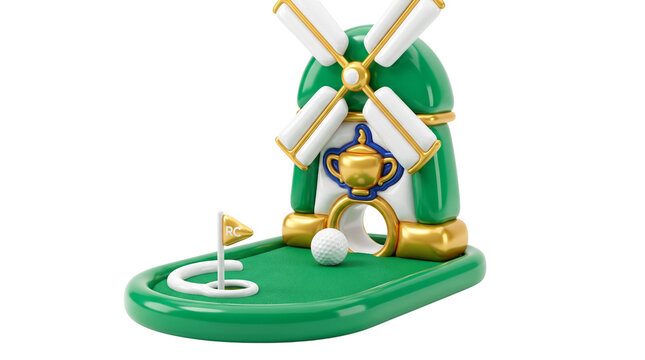 Miniature golf windmill obstacle with ball and flag, 3D stylized mini golf course element, green and white toy golf set on white background
