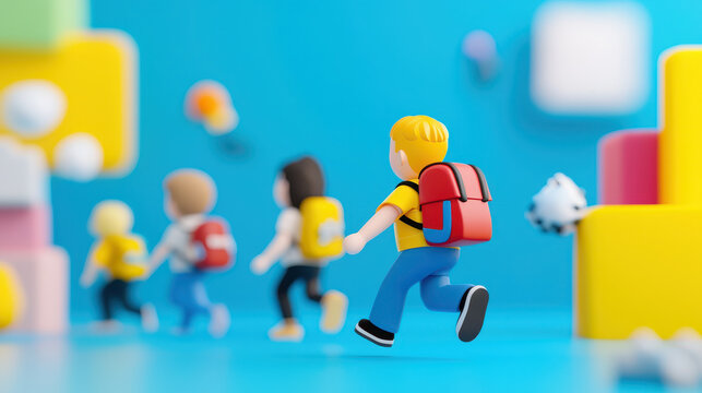 Children running colorful background playful scene cartoon style backpacks 3D illustration vibrant colors joyful expression creative environment