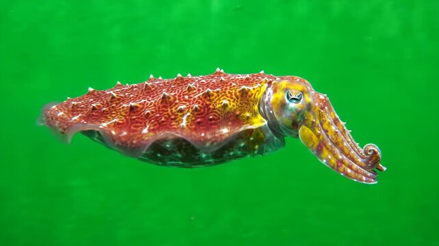 Realistic cuttlefish swimming through water with rhythmic fin movements against a bright green screen background for easy chroma keying