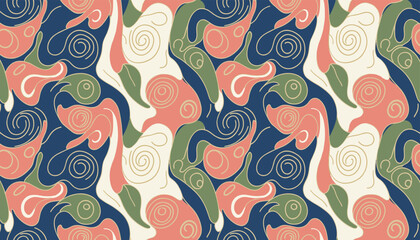 Fototapeta premium Retro organic seamless pattern with abstract swirling lines and shapes in navy blue, green, and coral pink.