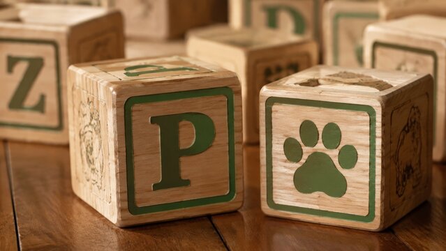 Close-up of two large natural wooden alphabet blocks on a polished brown hardwood floor showing a green bordered letter P and a green paw print symbol with several more letter blocks blurred
