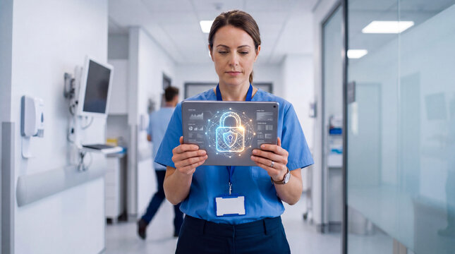 A healthcare professional holding a tablet with a glowing abstract lock symbol protecting anonymized medical data, AI healthcare security