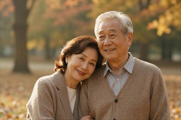 Fototapeta premium Elderly couple enjoys time together in park during autumn afternoon