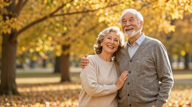 Couple enjoys a fall day in a park surrounded by yellow leaves and trees