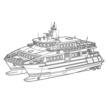 Black and white line art drawing of a modern passenger catamaran ferry. Ideal for public transportation themes and maritime travel designs.