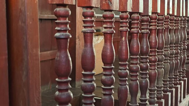 wooden staircase, vintage interior, wooden balusters, antique house, rustic architecture