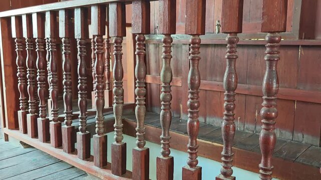 wooden staircase, vintage interior, wooden balusters, antique house, rustic architecture