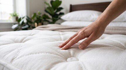 Obraz premium Person touching soft white mattress surface testing comfort quality inside modern bright bedroom interior space with surface evaluate softness