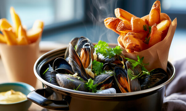 Traditional Belgian moules frites white wine mussels pot with golden French fries