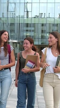 Three happy female students walking and talking on campus