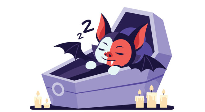 Cute little vampire bat character sleeping peacefully inside a purple coffin with burning candles halloween art.