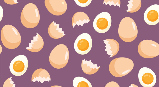 Seamless pattern of whole eggs and cracked egg shells on a dark purple background in a flat and clean cartoon style.