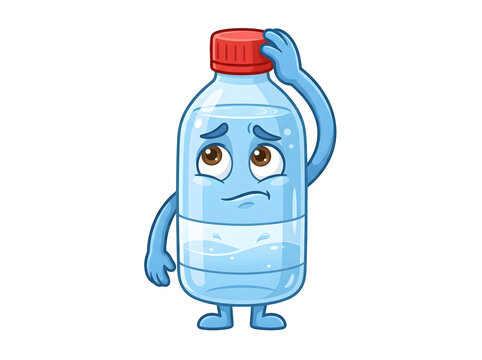 Cartoon water bottle character with a sad expression holding its head with a hand isolated on a solid black background, for mascot isolated on a transparent background