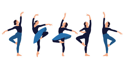 Fototapeta premium Beautiful young ballerinas performing various elegant dance poses wearing classic black leotards and blue tutus.