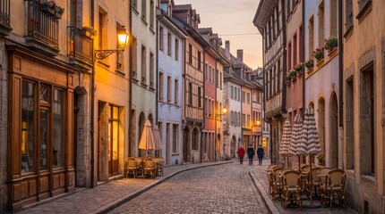 Fototapeta premium A charming cobblestone street in an old European town at dusk, lined with colorful historic buildings and outdoor cafes.
