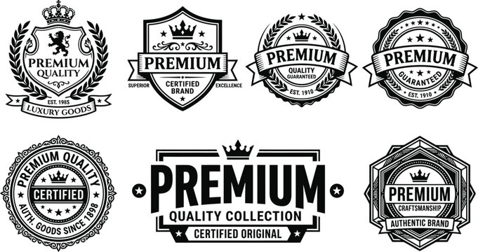 Set of vintage premium quality labels and badges with heraldic elements and crowns in black and white