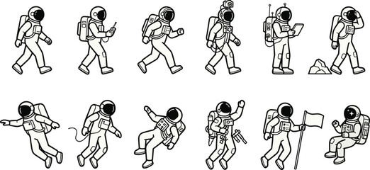 Cartoon astronauts in space exploration poses, vector illustration of astronauts walking, floating, planting flag, scientific research and discovery artwork © Artist RH